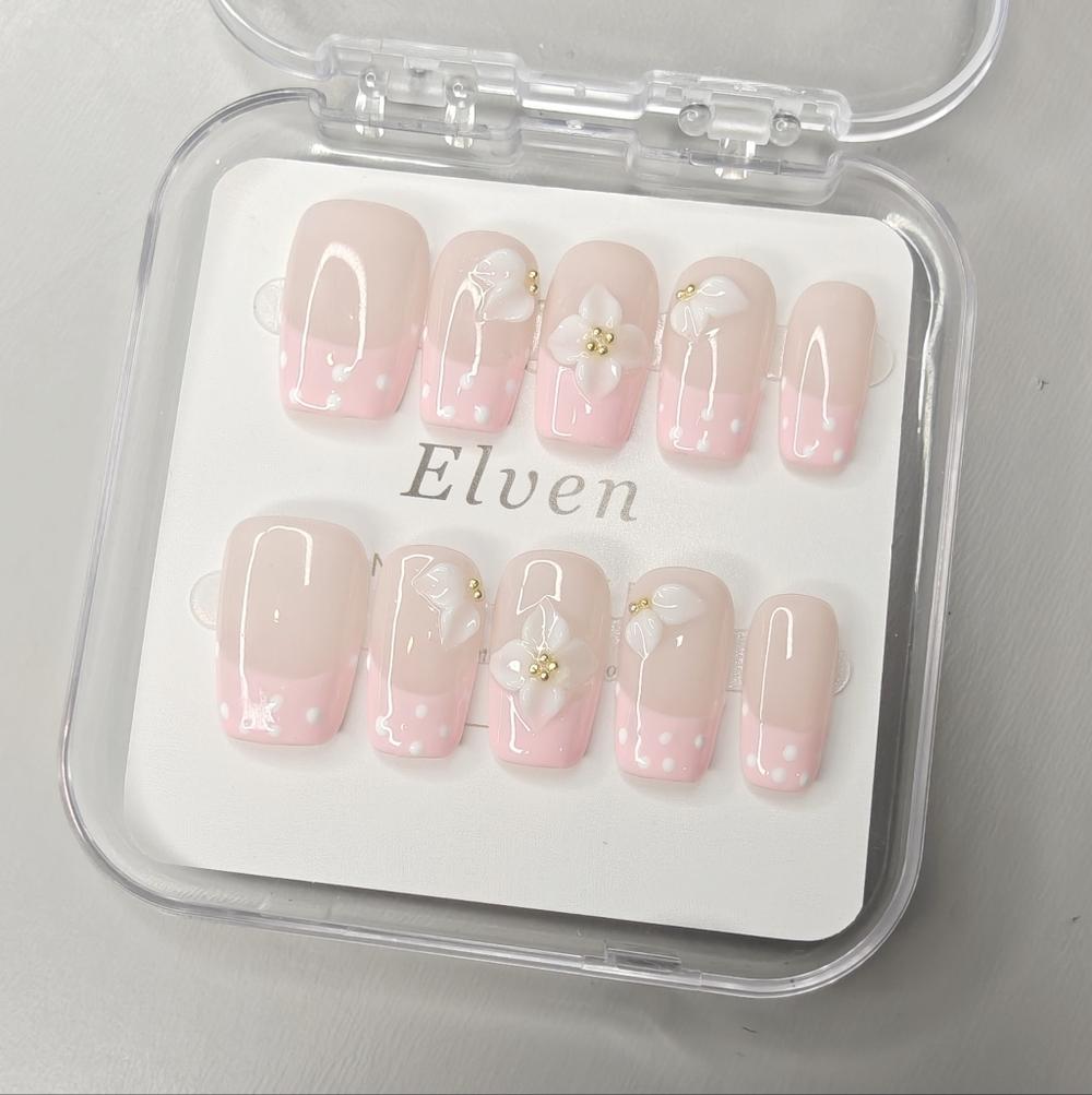 Pink French Tips With Polka Dot And White Floral Short Square Press On Nails